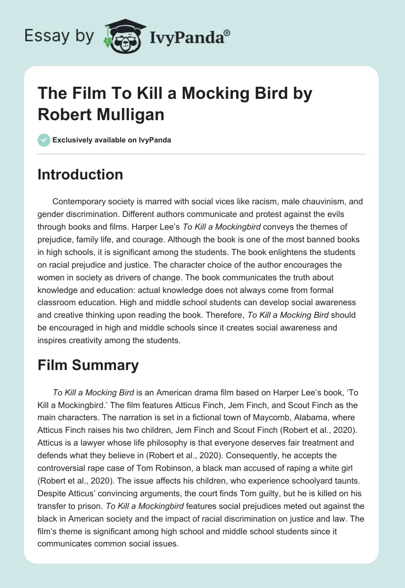 The Film "To Kill a Mocking Bird" by Robert Mulligan. Page 1