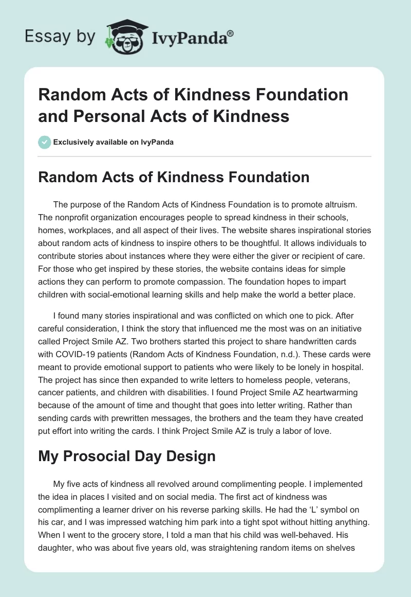Random Acts of Kindness Foundation and Personal Acts of Kindness. Page 1