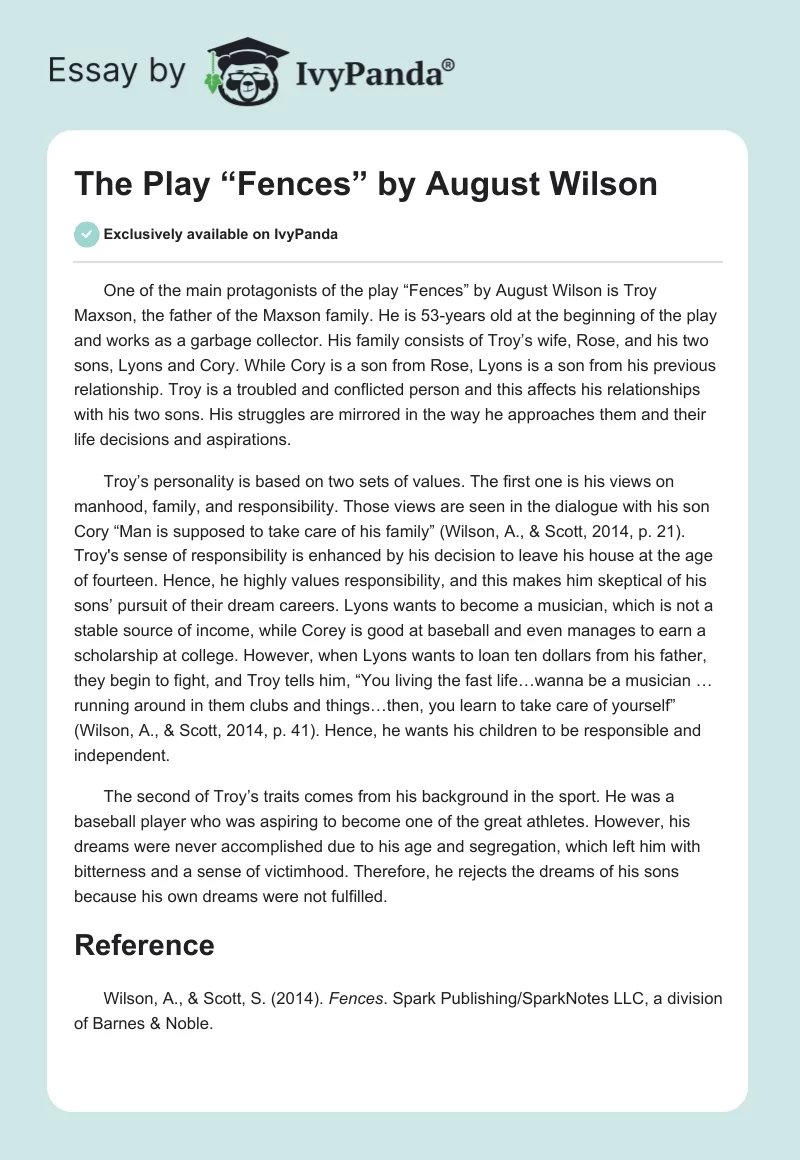 The Play “Fences” by August Wilson. Page 1
