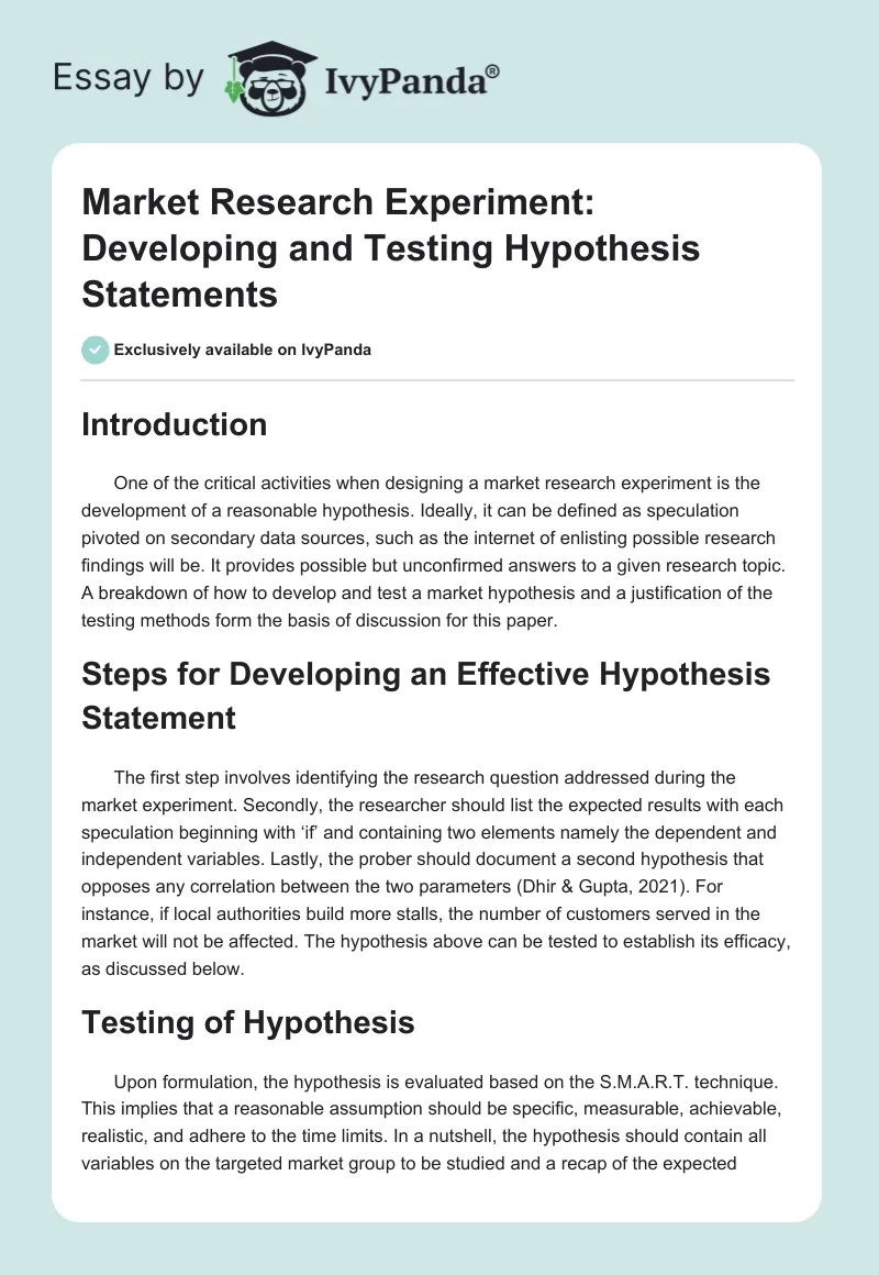 Market Research Experiment: Developing and Testing Hypothesis Statements. Page 1
