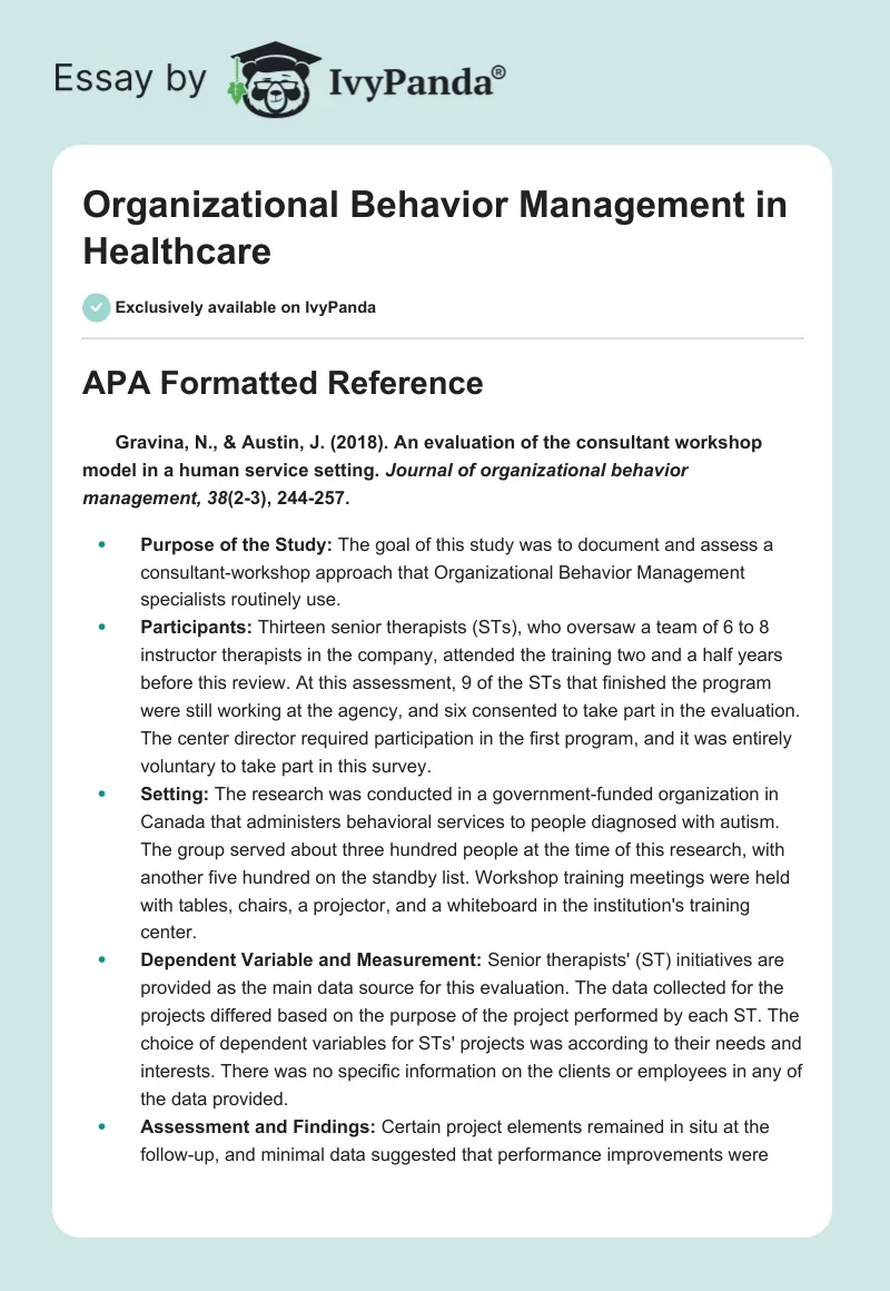 Organizational Behavior Management in Healthcare. Page 1