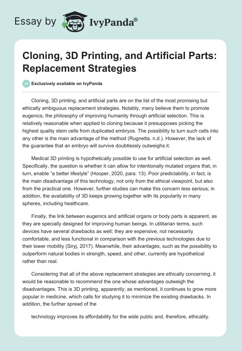 Cloning, 3D Printing, and Artificial Parts: Replacement Strategies. Page 1