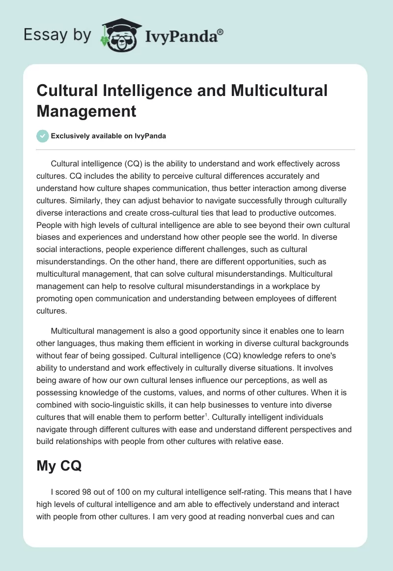 Cultural Intelligence and Multicultural Management. Page 1
