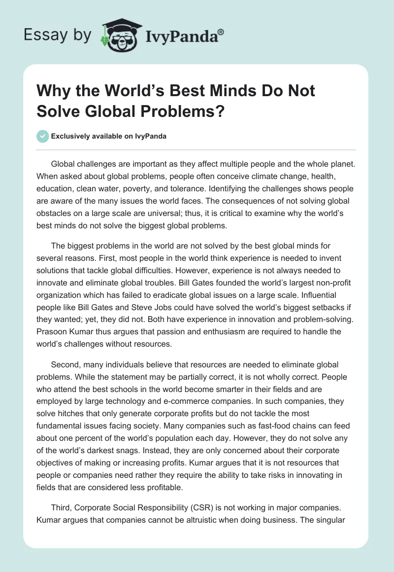 Why the World’s Best Minds Do Not Solve Global Problems?. Page 1