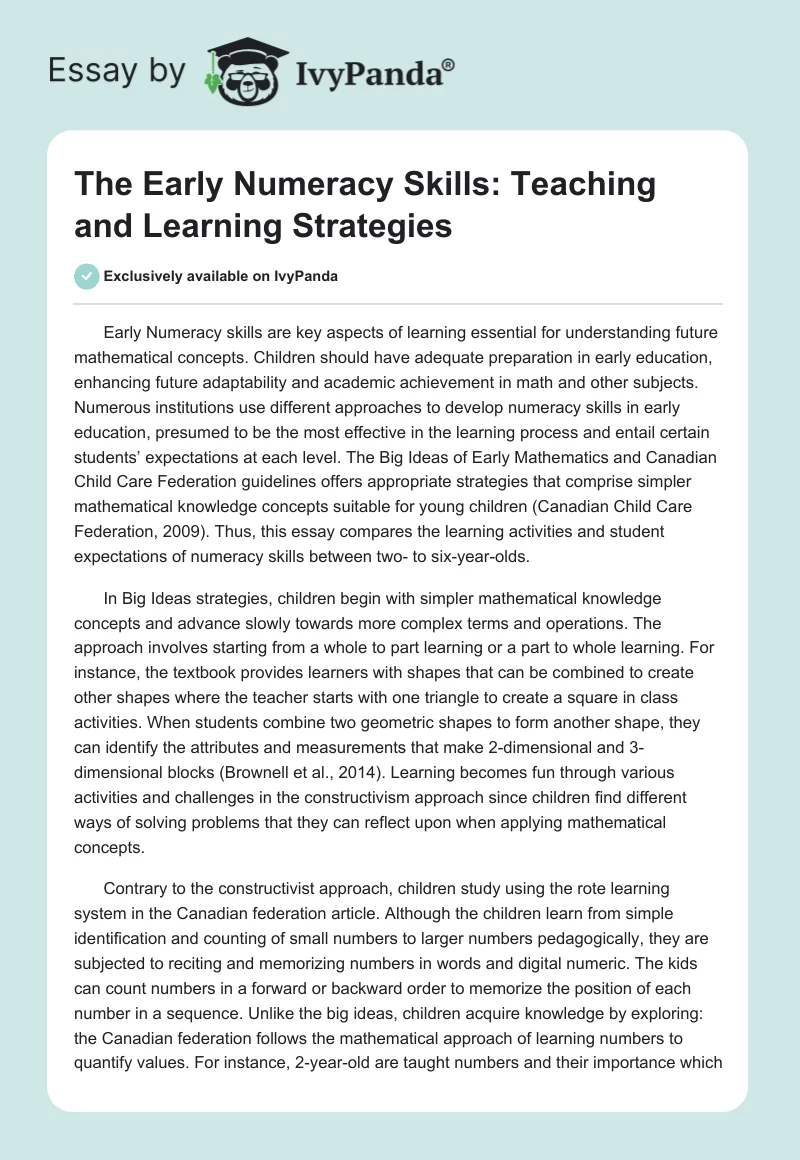 The Early Numeracy Skills: Teaching and Learning Strategies. Page 1