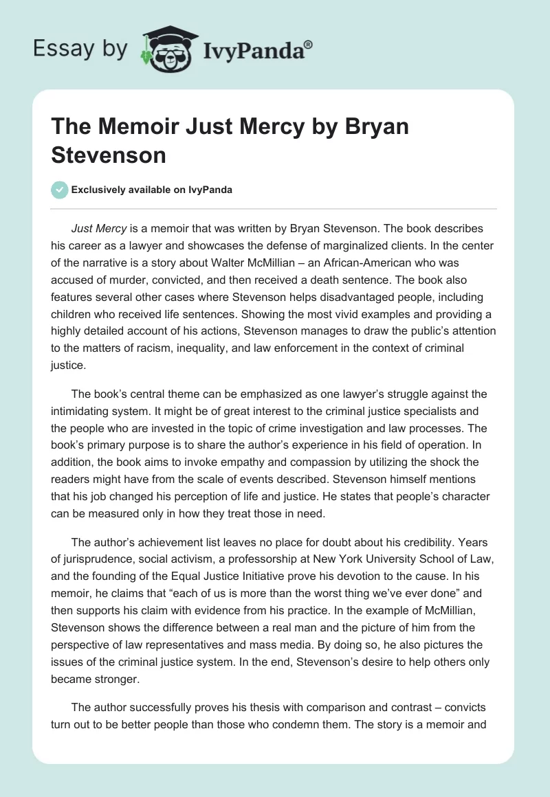 The Memoir Just Mercy By Bryan Stevenson Words Book Review Example