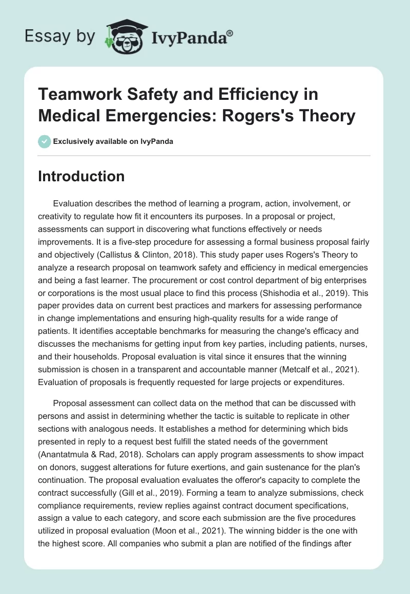 Teamwork Safety and Efficiency in Medical Emergencies: Rogers's Theory. Page 1