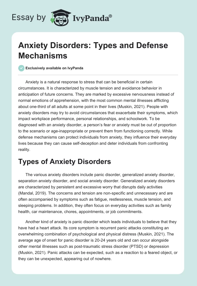 Anxiety Disorders: Types and Defense Mechanisms. Page 1