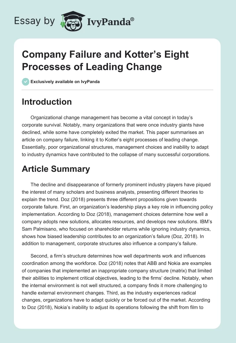Company Failure and Kotter’s Eight Processes of Leading Change. Page 1