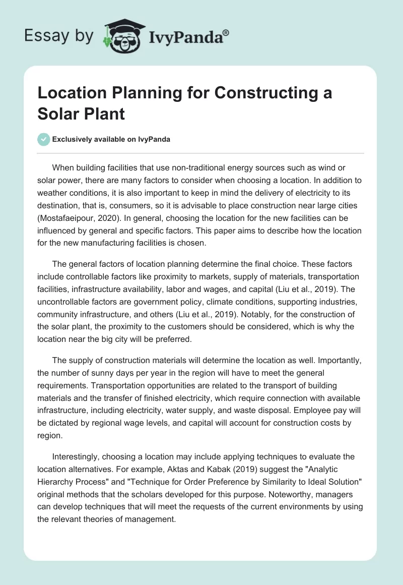Location Planning for Constructing a Solar Plant. Page 1