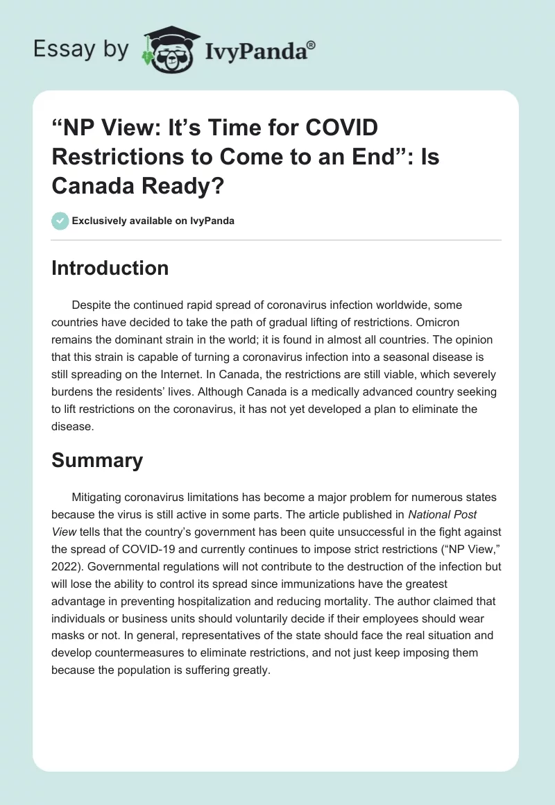 “NP View: It’s Time for COVID Restrictions to Come to an End”: Is Canada Ready?. Page 1