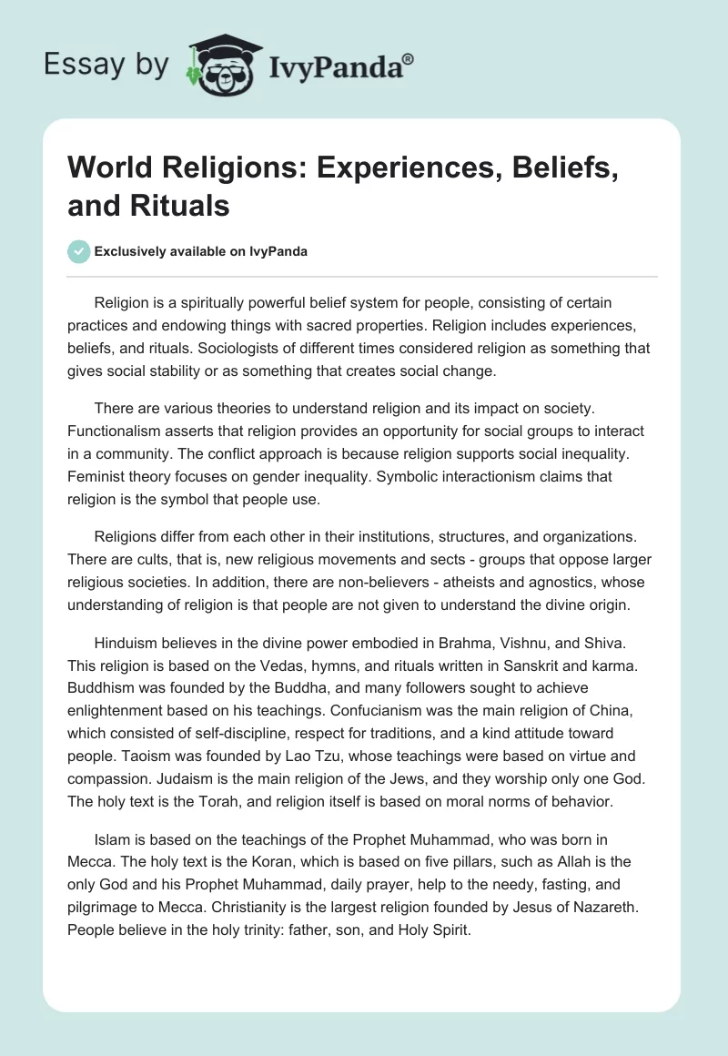 World Religions: Experiences, Beliefs, and Rituals. Page 1
