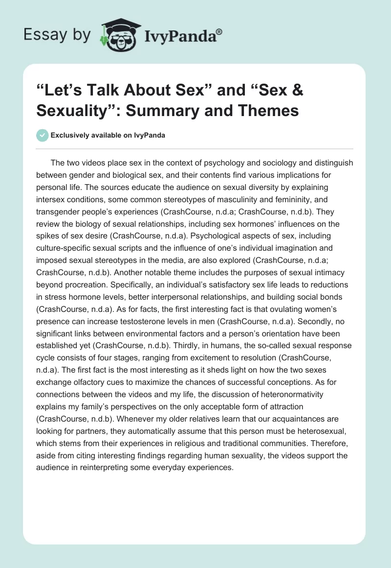 “Let’s Talk About Sex” and “Sex & Sexuality”: Summary and Themes. Page 1