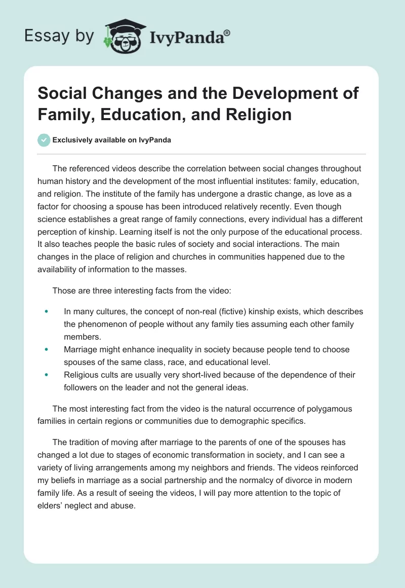 Social Changes and the Development of Family, Education, and Religion. Page 1