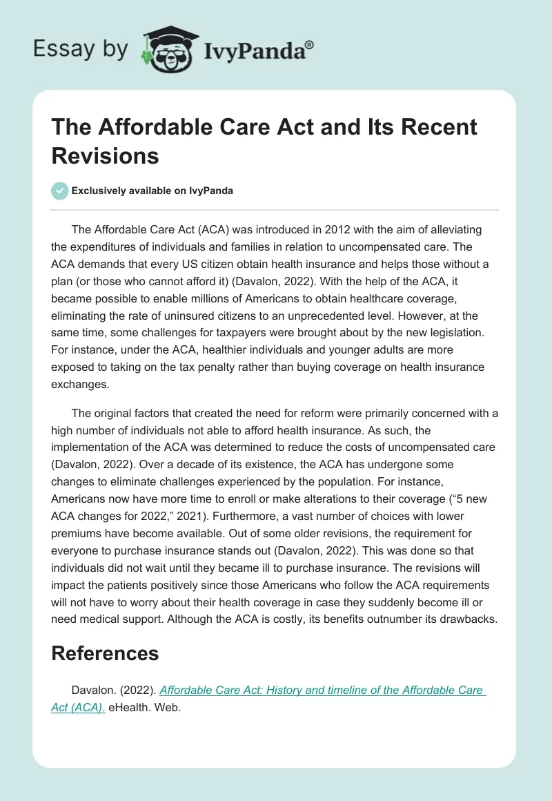 The Affordable Care Act and Its Recent Revisions. Page 1