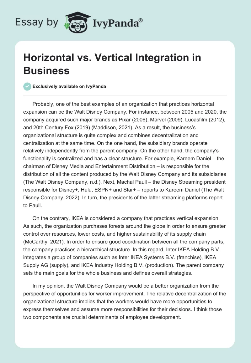 Horizontal vs. Vertical Integration in Business. Page 1