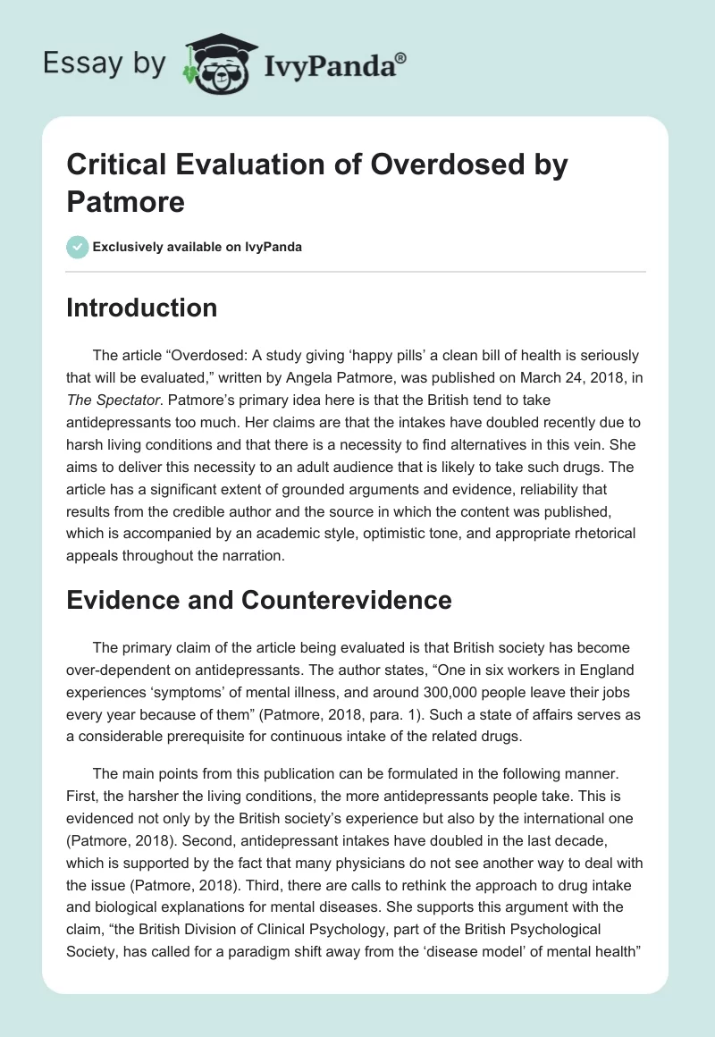 Critical Evaluation of "Overdosed" by Patmore. Page 1