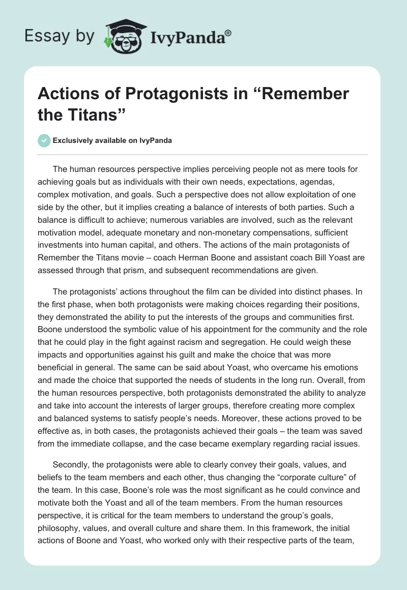 Actions of Protagonists in “Remember the Titans”. Page 1