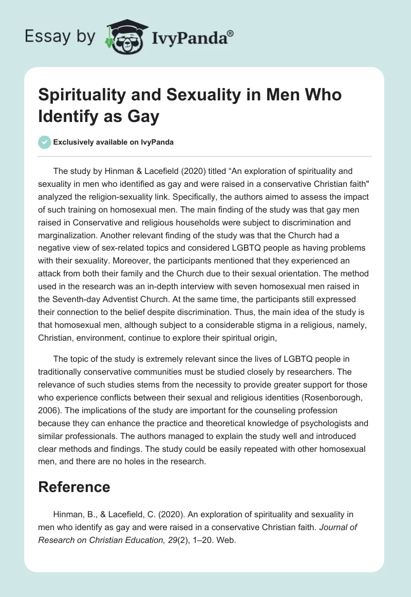 Spirituality and Sexuality in Men Who Identify as Gay. Page 1