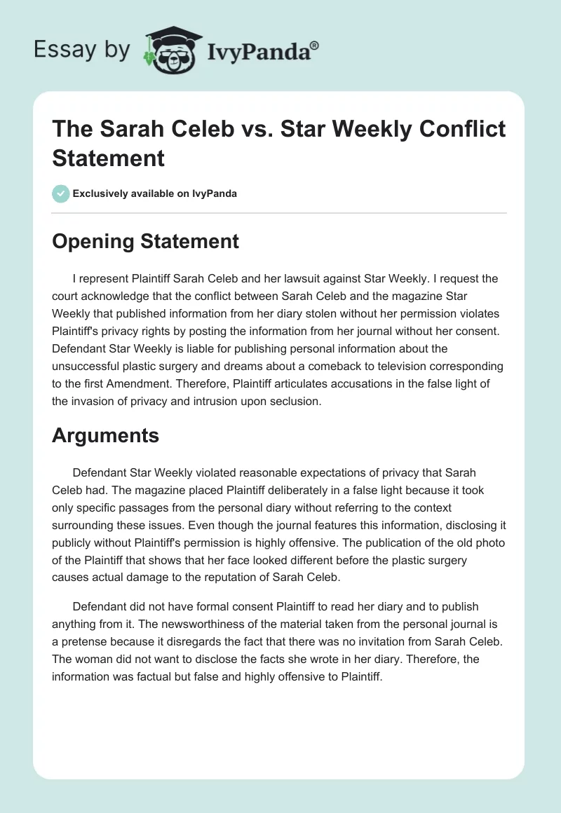 The Sarah Celeb vs. Star Weekly Conflict Statement. Page 1