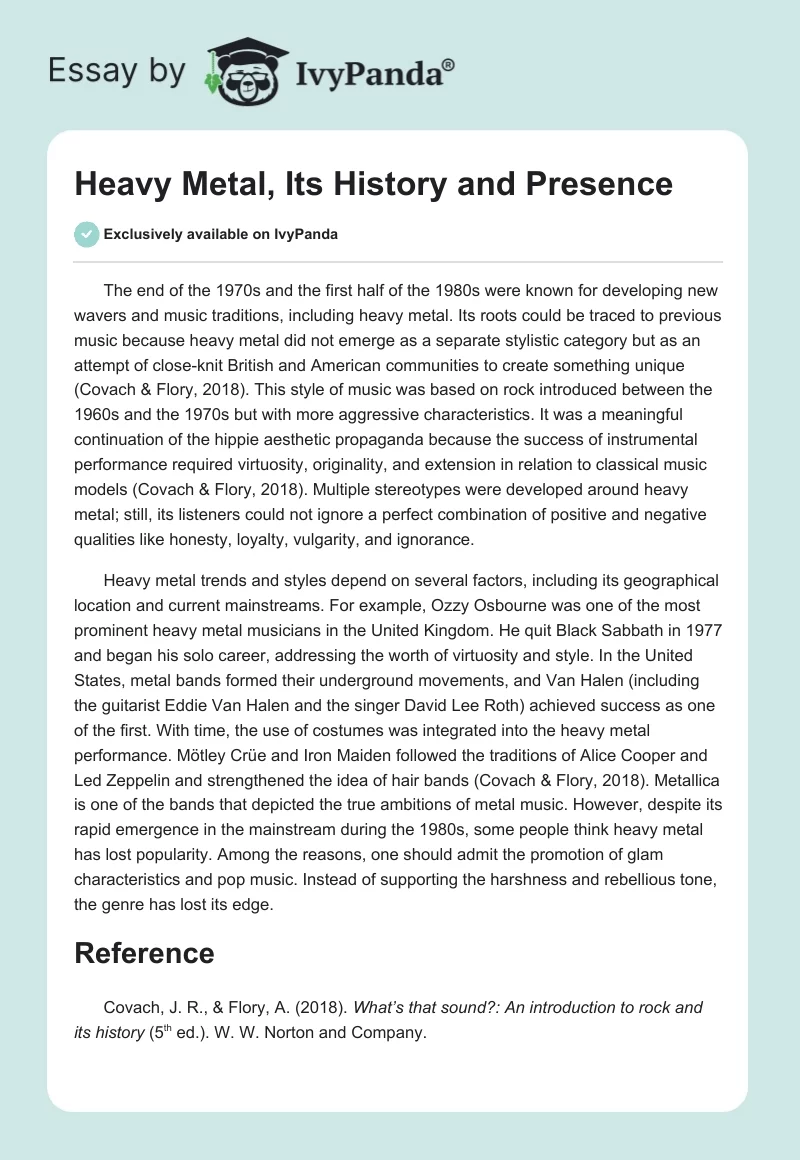 Heavy Metal, Its History and Presence. Page 1