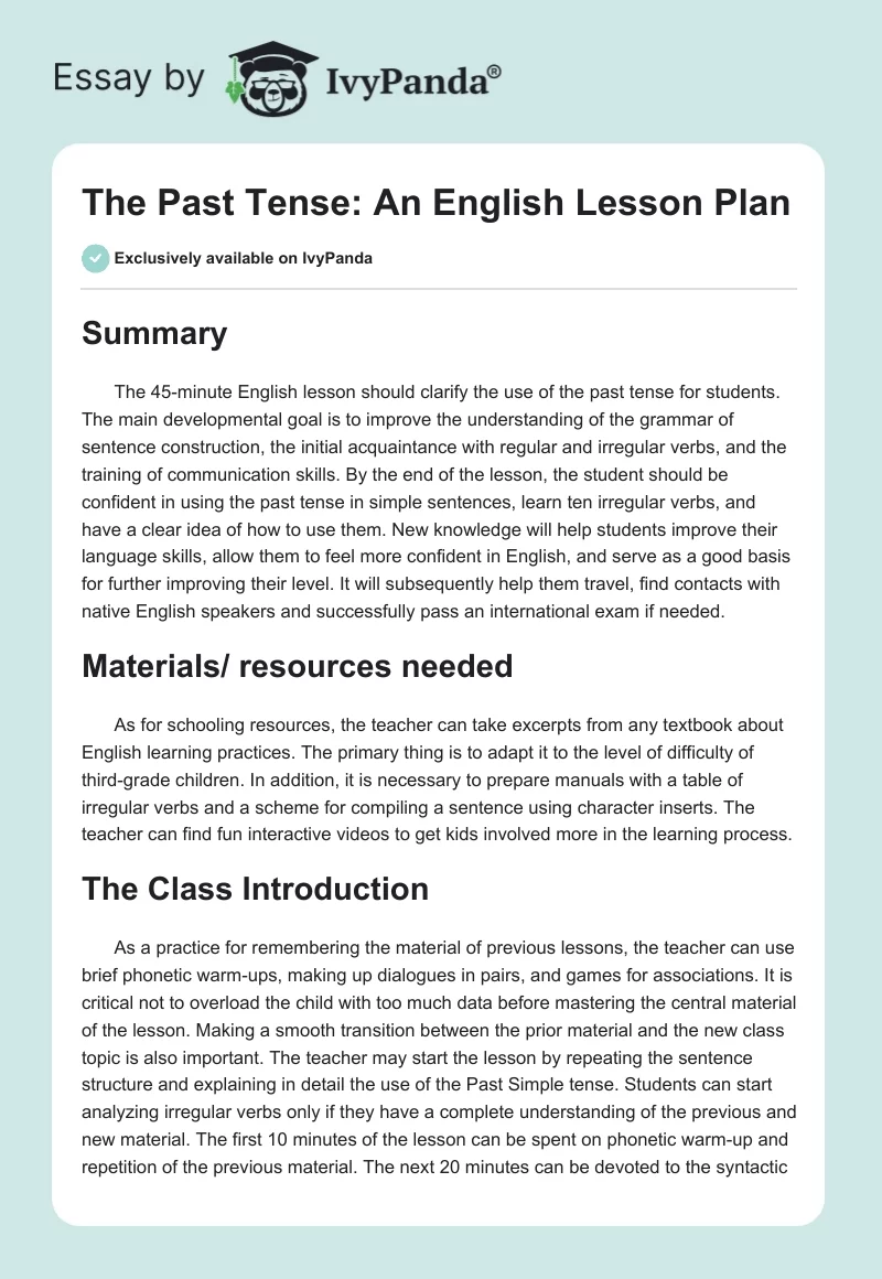 The Past Tense: An English Lesson Plan. Page 1