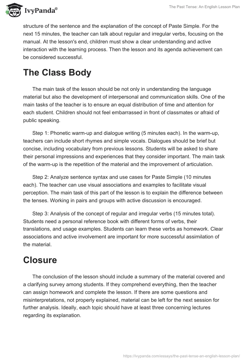 The Past Tense: An English Lesson Plan. Page 2