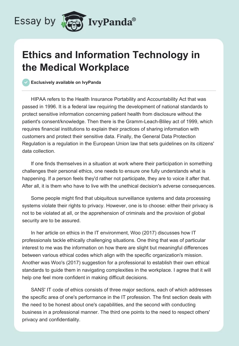 Ethics and Information Technology in the Medical Workplace. Page 1