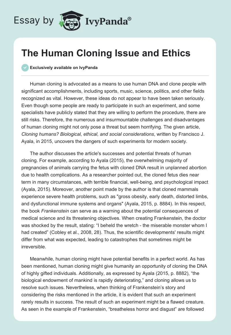 The Human Cloning Issue and Ethics. Page 1