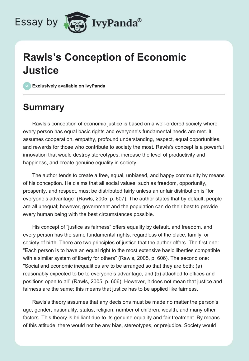 Rawls’s Conception of Economic Justice. Page 1