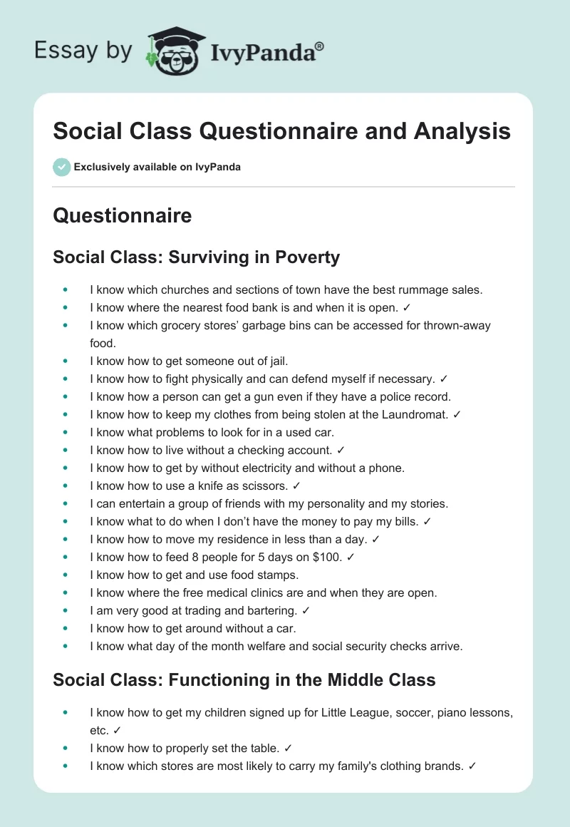 Social Class Questionnaire and Analysis. Page 1