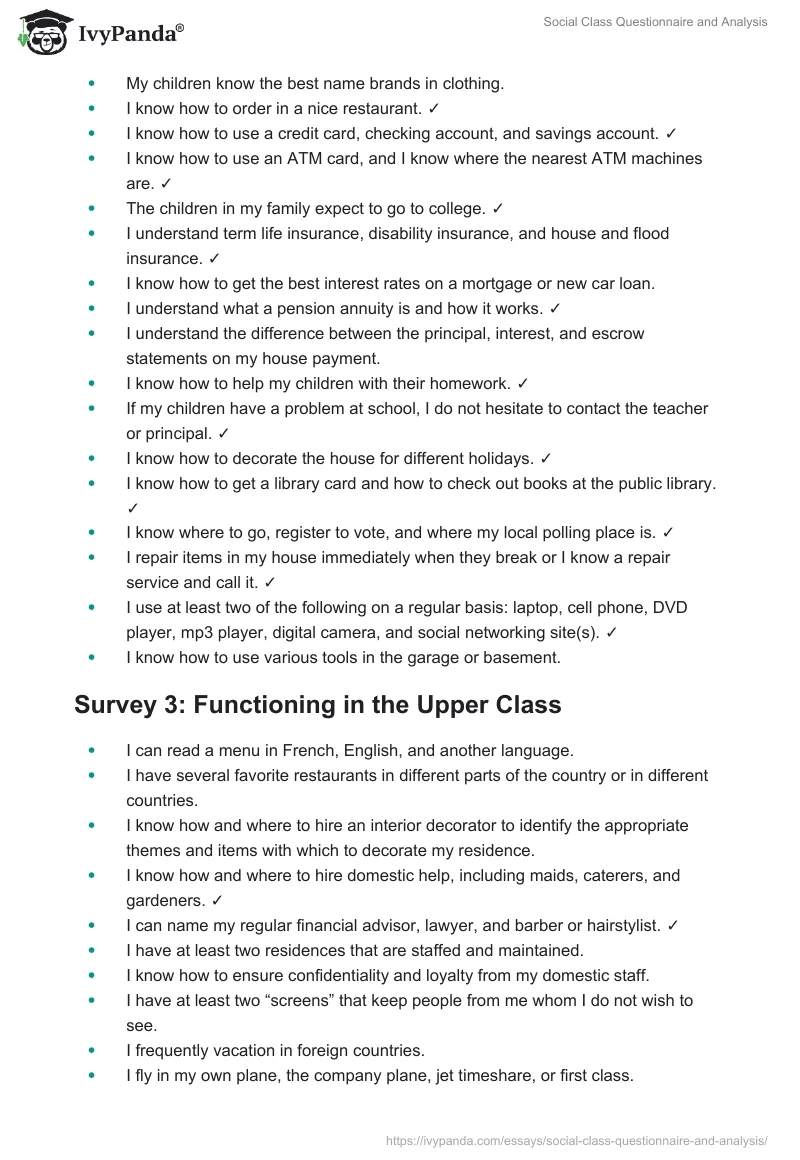 Social Class Questionnaire and Analysis. Page 2