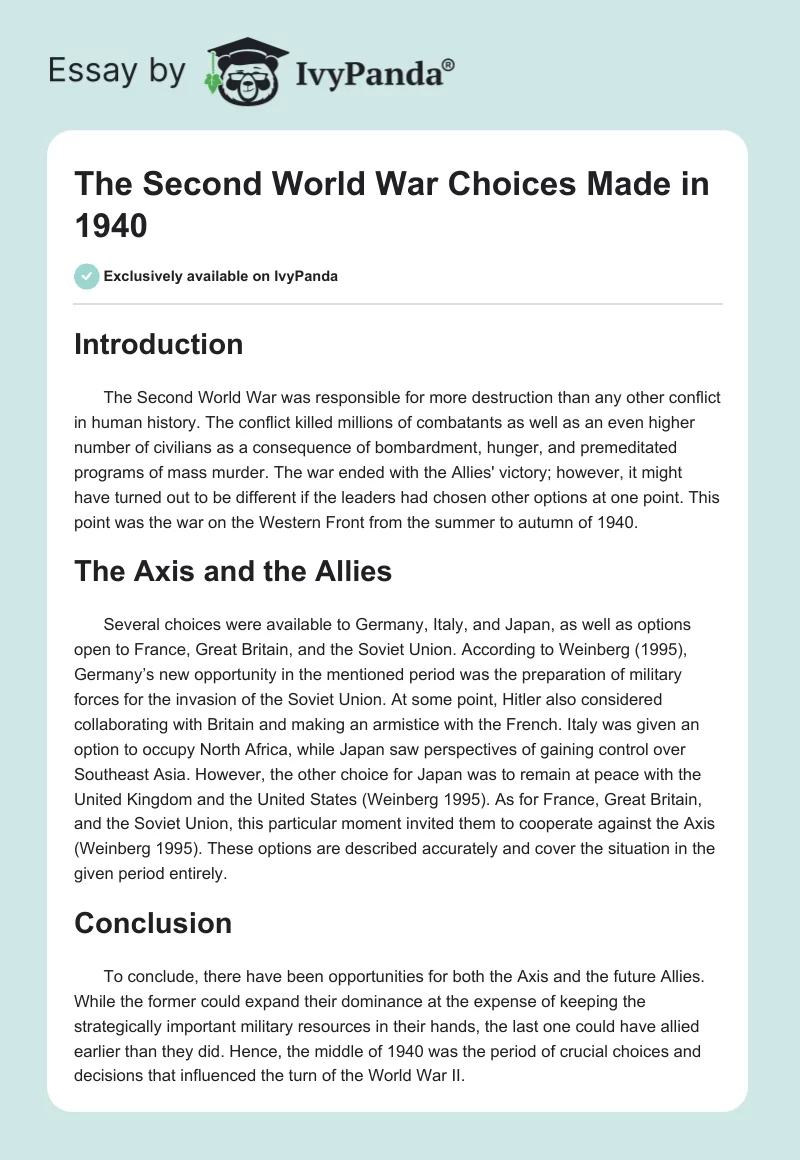 The Second World War Choices Made in 1940. Page 1