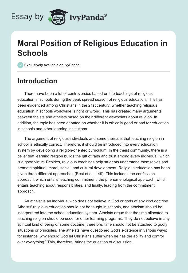 Moral Position of Religious Education in Schools. Page 1