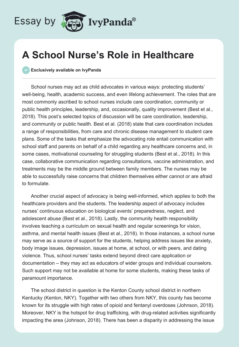 A School Nurse’s Role in Healthcare. Page 1