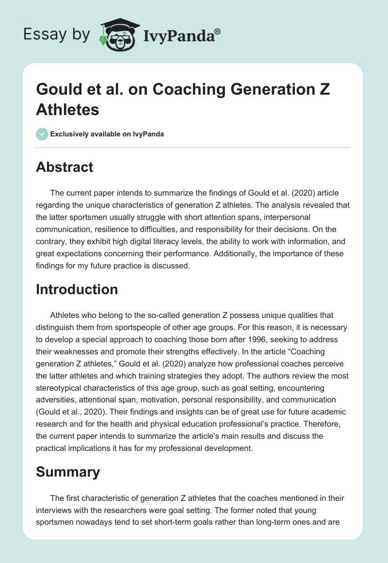 Gould et al. on Coaching Generation Z Athletes. Page 1