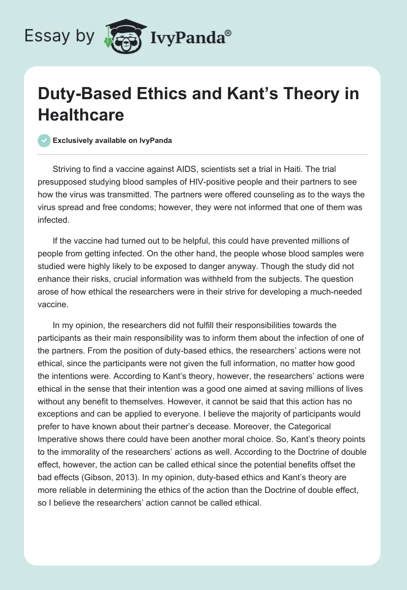 Duty-Based Ethics and Kant’s Theory in Healthcare. Page 1
