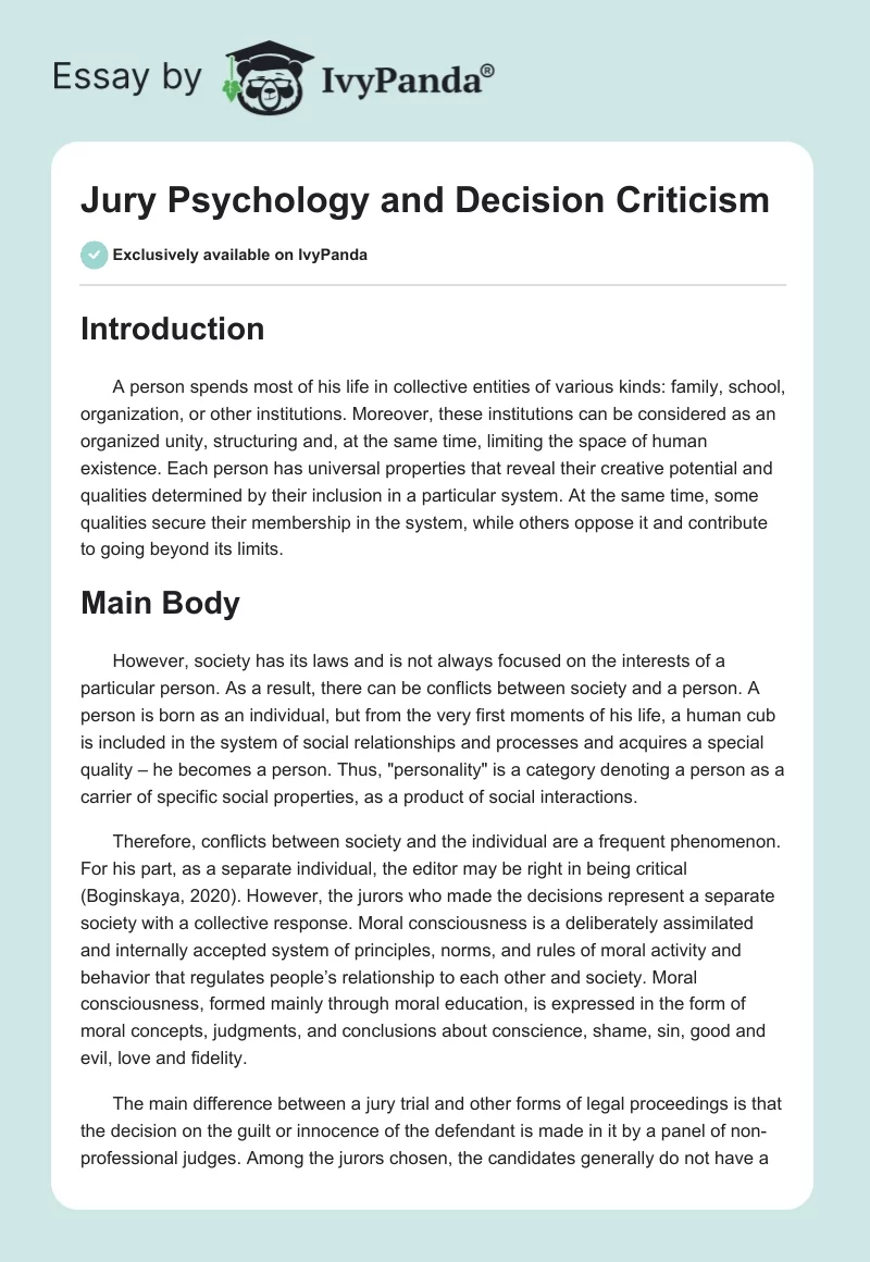 Jury Psychology and Decision Criticism. Page 1