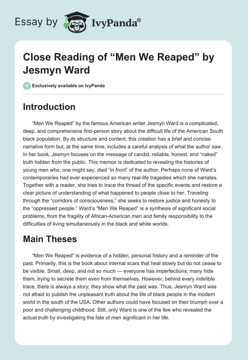 Close Reading of “Men We Reaped” by Jesmyn Ward. Page 1