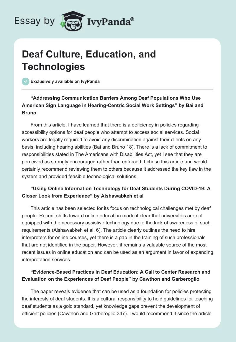 Deaf Culture, Education, and Technologies. Page 1