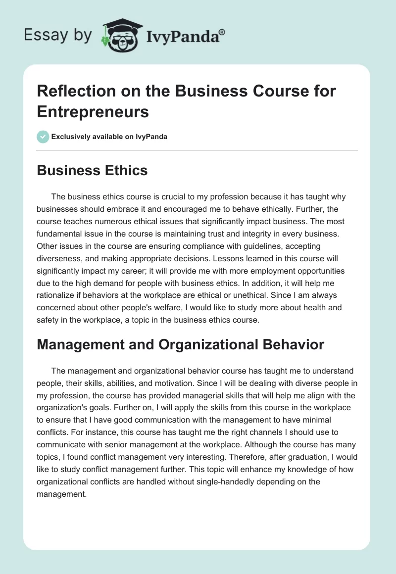 Reflection on the Business Course for Entrepreneurs. Page 1