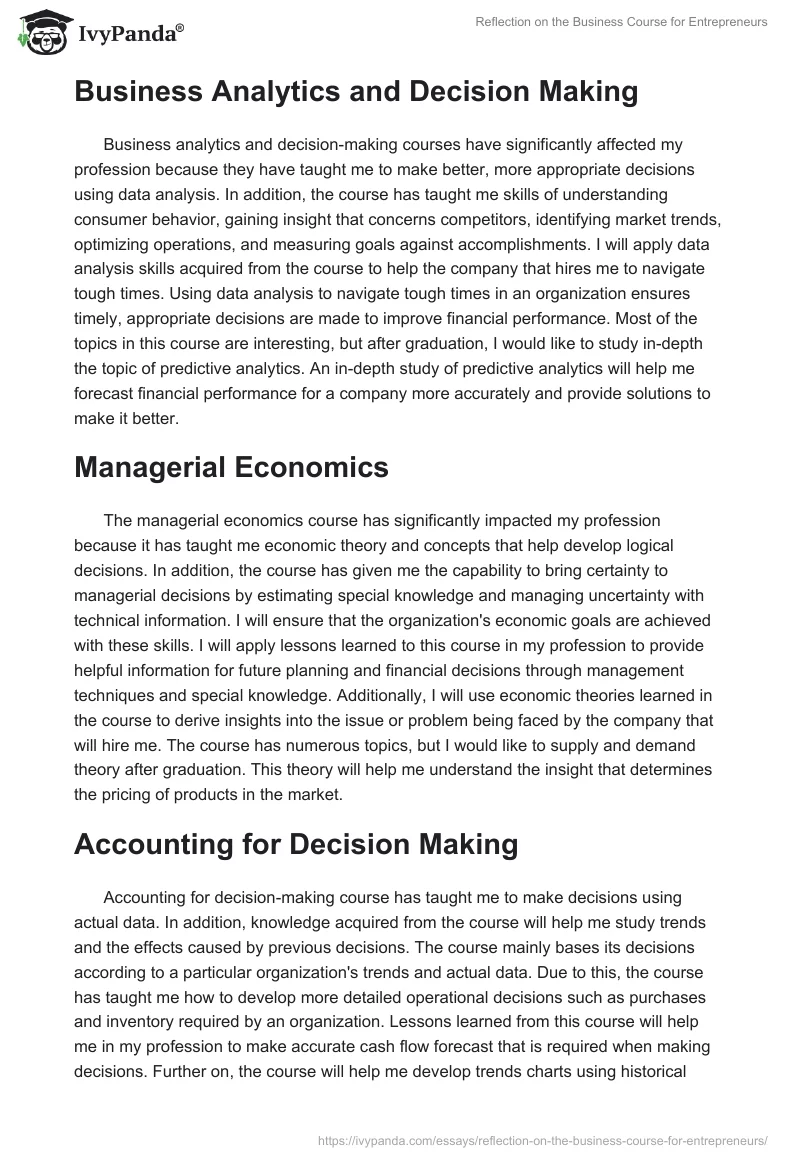 Reflection on the Business Course for Entrepreneurs. Page 2