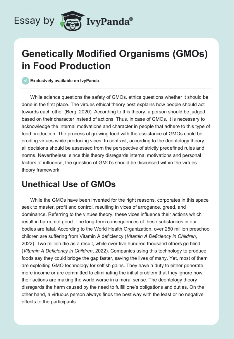 Genetically Modified Organisms (GMOs) in Food Production. Page 1