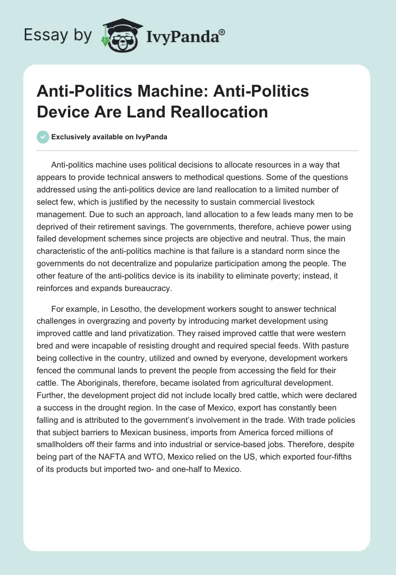 Anti-Politics Machine: Anti-Politics Device Are Land Reallocation. Page 1