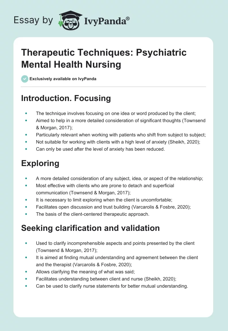 Therapeutic Techniques: Psychiatric Mental Health Nursing. Page 1