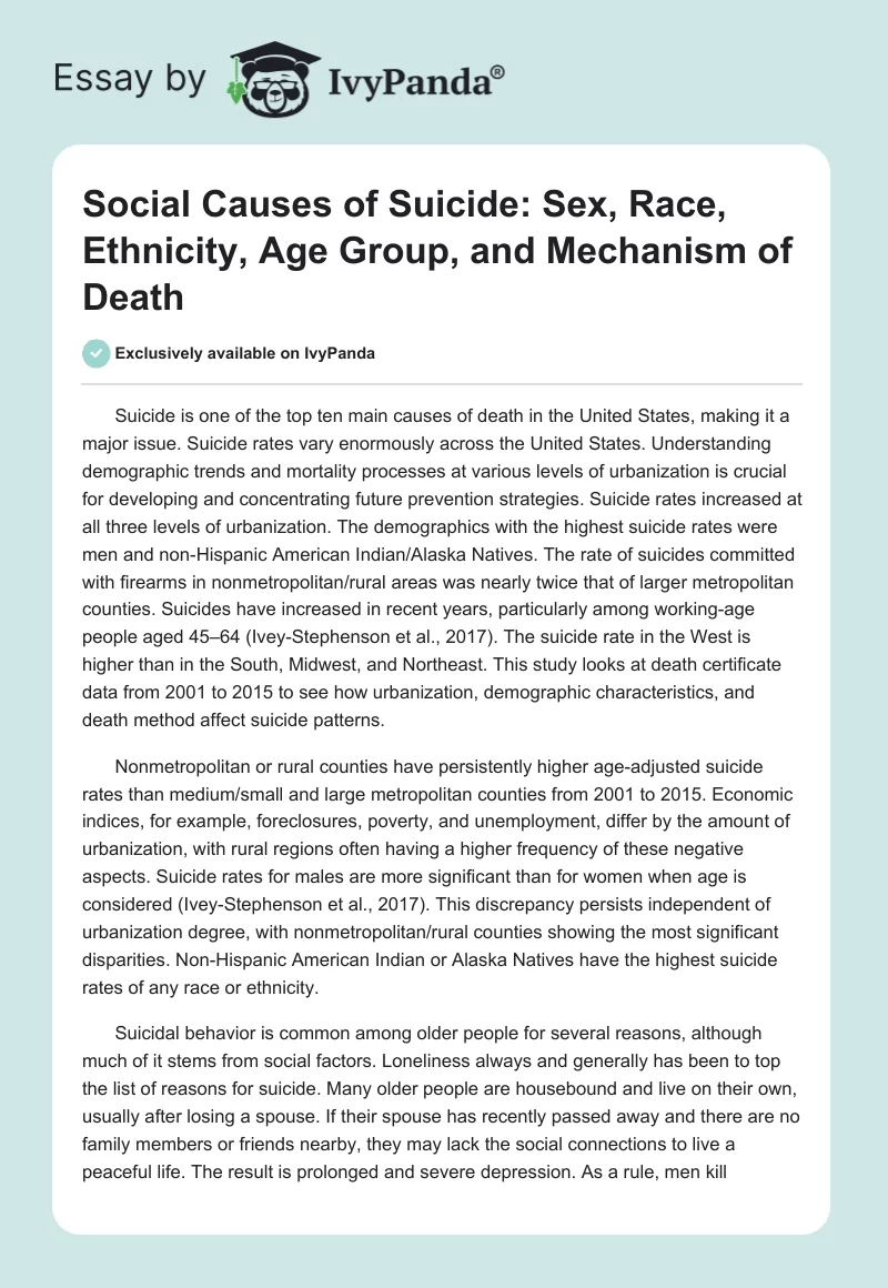 Social Causes of Suicide: Sex, Race, Ethnicity, Age Group, and Mechanism of Death. Page 1