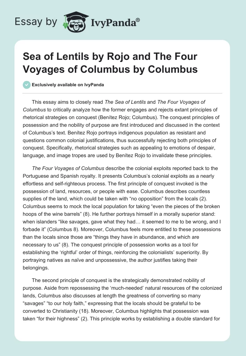 "Sea of Lentils" by Rojo and "The Four Voyages of Columbus" by Columbus. Page 1