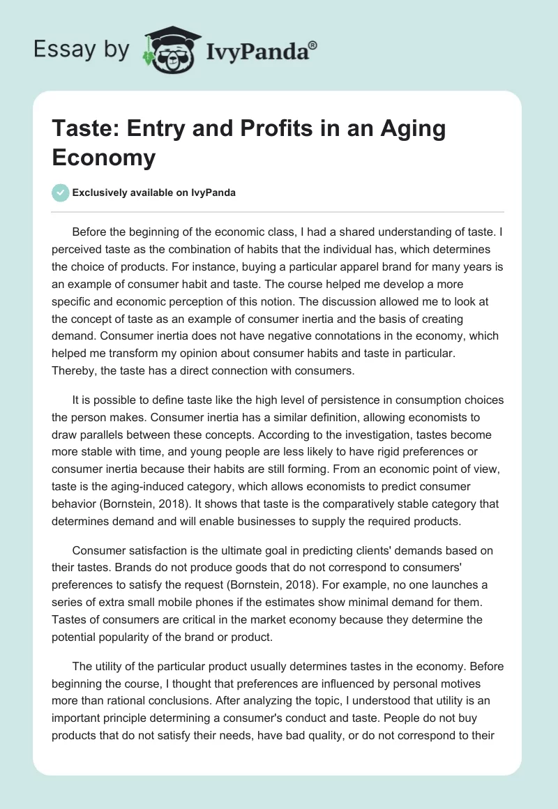 Taste: Entry and Profits in an Aging Economy. Page 1