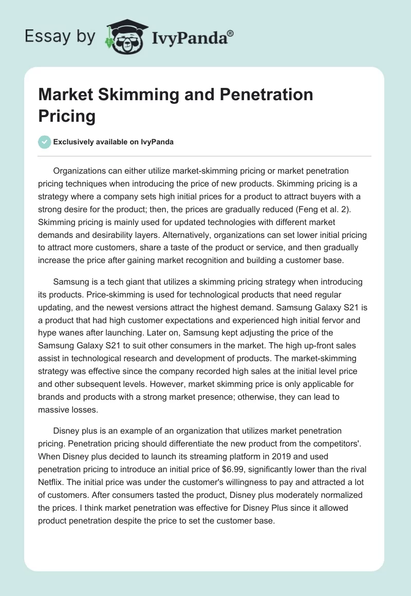 Market Skimming and Penetration Pricing - 330 Words | Essay Example