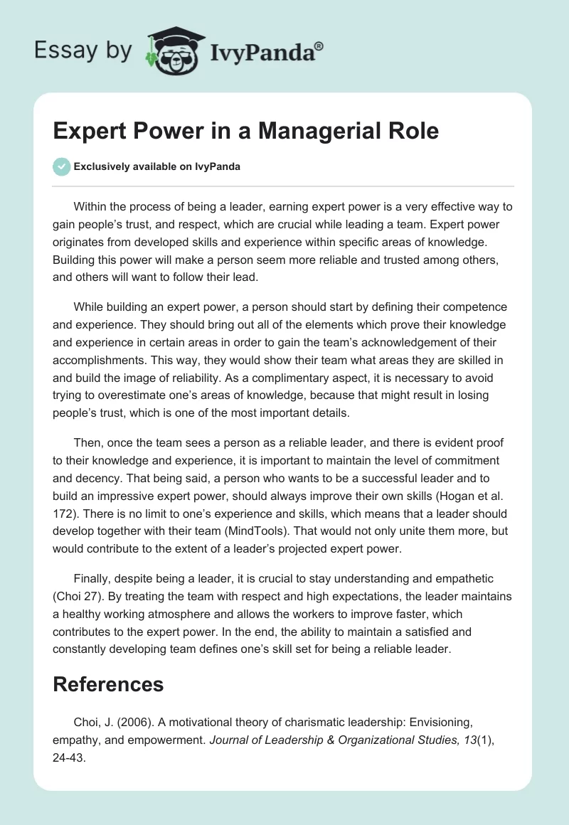 Expert Power in a Managerial Role. Page 1
